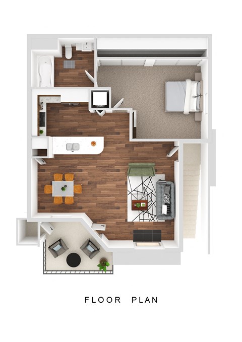 a stylized floor plan with a bedroom and a living room